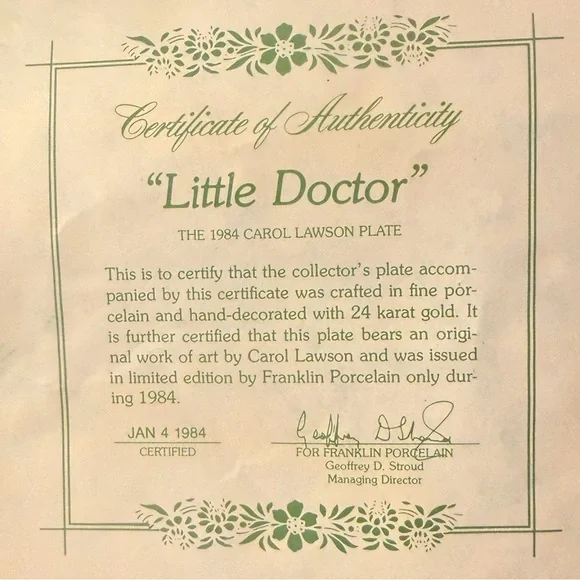 1984 Carol Lawson “Little Doctor” Collector Plate Franklin Porcelain In Box 8” - Picture 6 of 10
